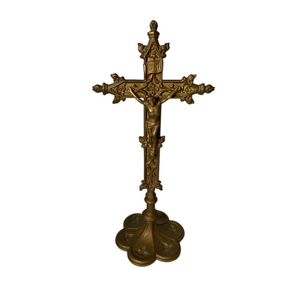 Vintage Art Nouveau metal crucifix free standing cross INRI religious Christian - Picture 1 of 7